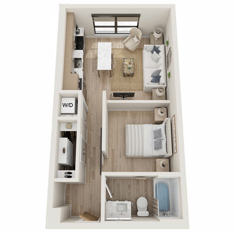 Floor plan for 1 bed, 1 bath, 596 sqft